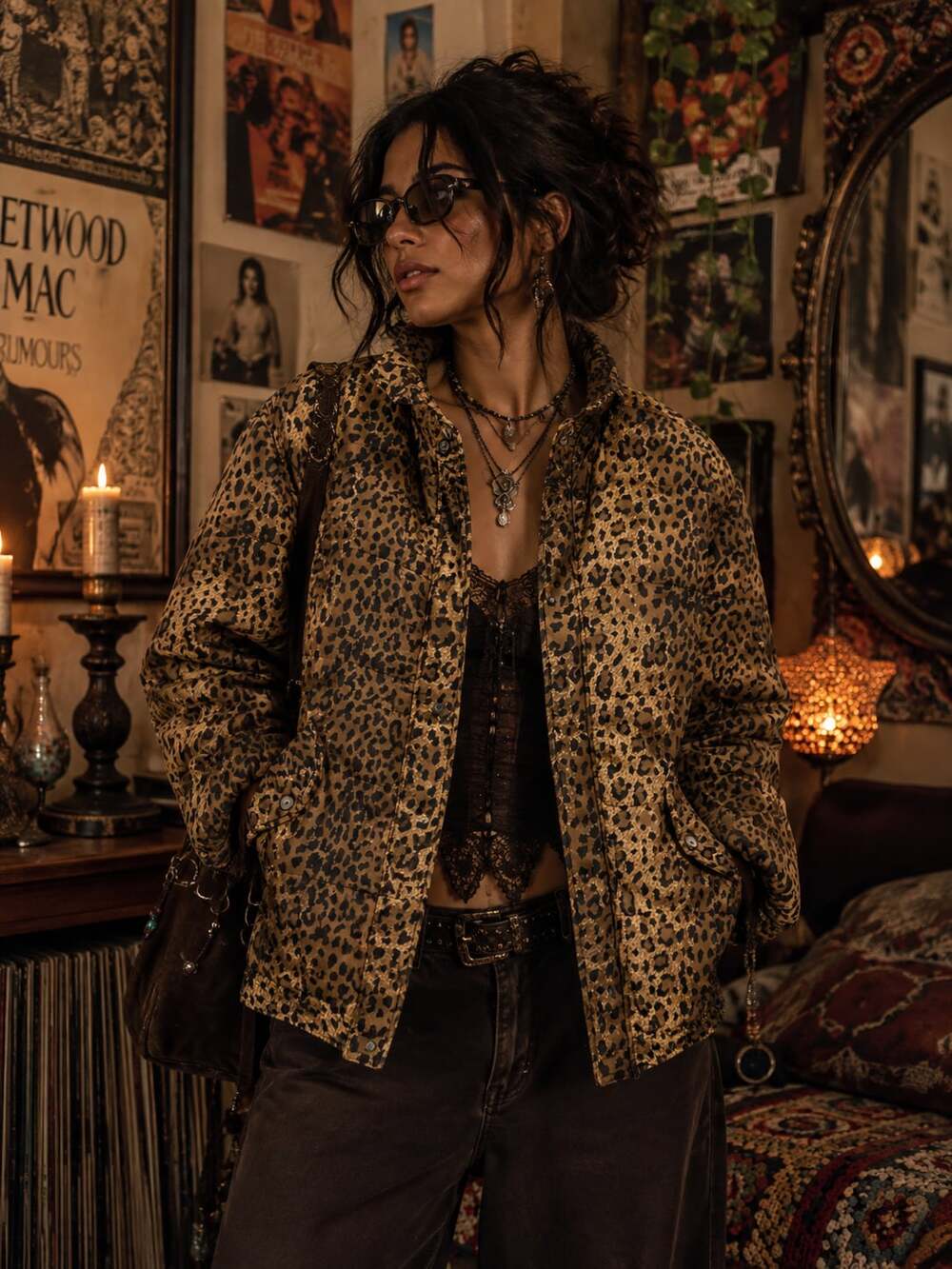Vintage Clio Petites Leopard Print Silk Puffer Jacket Women’s PS Animal Print In